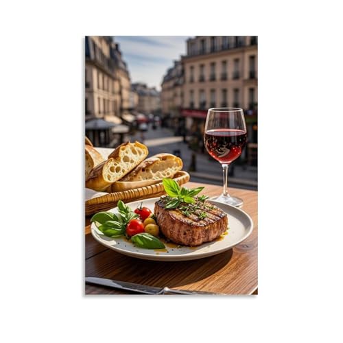 ZBBZJYHH Wandkunst, Sonnenuntergang Pariser Charm, köstliches Steak, frisches Brot und Roséwein auf einem Tisch, modernes künstlerisches Wandbild, hängendes Dekor-Poster, 40 x 60 cm von ZBBZJYHH