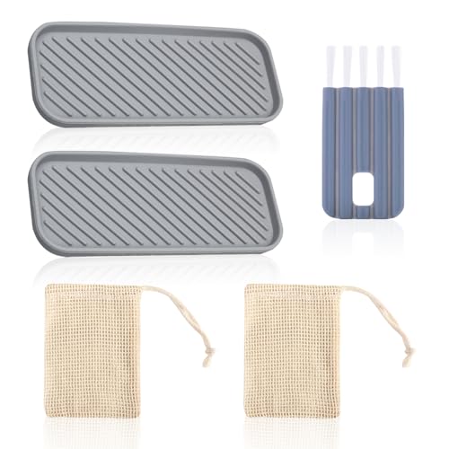 2 Stück Gestreifte Silikonmatten Mit 2 Stück Seifenschaumnetzen, 1 Stück Rillenbürste, Rechteckiger Seifenhalter, Multifunktionale Aufbewahrungsmatte, Spülbecken-Organizer-Tablett von ZBHDEYG