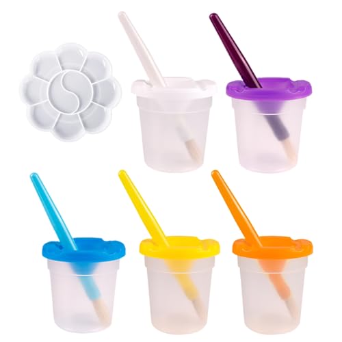 5 Farbmischbecher, 5 Malpinsel, 1, Kunststoff-Pinselwaschbecher, Farbmischbecher mit Deckel, Malglas für Kinder, Malwerkzeuge für Kinder. von ZBHDEYG