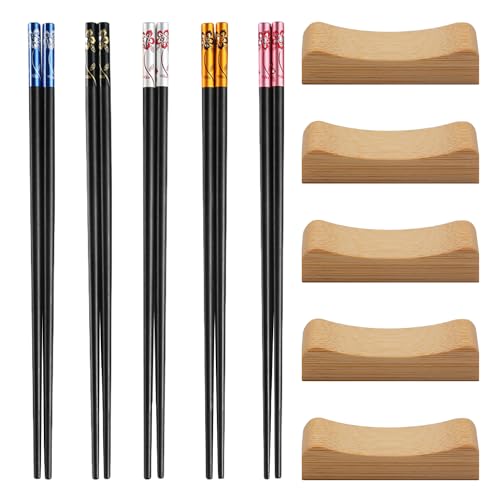 5 paar Essstäbchen, 5 Stück Essstäbchenhalter, wiederverwendbare Essstäbchen, Essstäbchen-Set, Essstäbchenhalter, rutschfeste Nudelstäbchen, Küchenwerkzeuge, kreative Faserstäbchen von ZBHDEYG