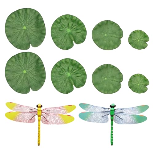 ZBHDEYG 8 Simulierte Lotusblätter, 2 Dekorative Libellen, Schwimmende Lotusblätter, Platzierte Lotusblätter, Aquarium-Landschaftsbau-Ornamente, Künstliche Lotusblätter, Teichdekoration von ZBHDEYG