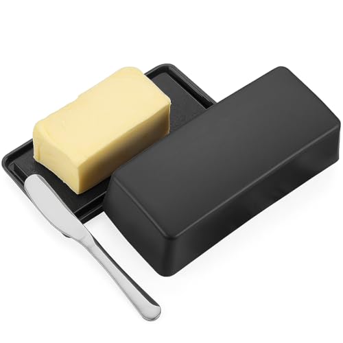 ZBKJYILF Butterdose mit Deckel, Butterschale Butterbehälter mit Edelstahl-Mehrzweck-Buttermesser, Küchengeschenk für Picknick im Freien, Lagerung, Frischhaltung (Schwarz) von ZBKJYILF