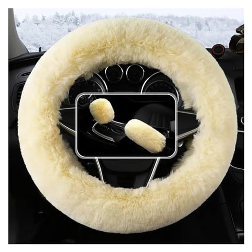 Fell Flauschiger Lenkradbezug/Handbremsbezug/Getriebebezug-Set Auto-Innenausstattung Auto-Lenkradbezug Auto Lenkradabdeckung(Beige) von ZBLNKZNGKA