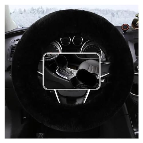 Fell Flauschiger Lenkradbezug/Handbremsbezug/Getriebebezug-Set Auto-Innenausstattung Auto-Lenkradbezug Auto Lenkradabdeckung(Black) von ZBLNKZNGKA
