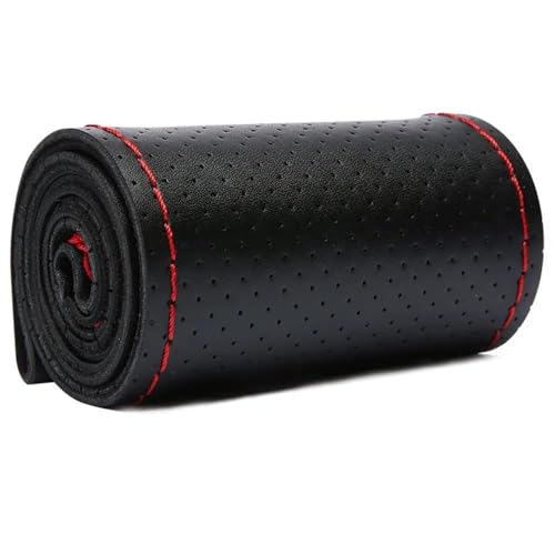 Leder-Lenkradbezug Fürs Auto 38 Cm Geflochten Mit Nadeln Und Faden Rutschfest Auto Lenkradabdeckung(Black With Red Cord) von ZBLNKZNGKA