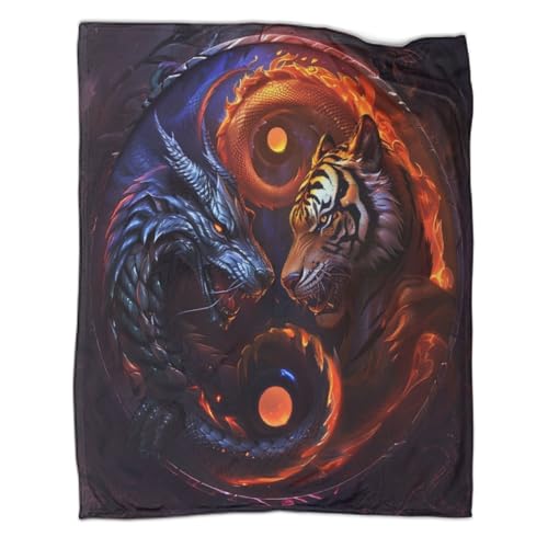 Weiche Überwurfdecke Mit Drache Tiger Mustern,3D-Druck,Tier Decke,geeignet Für Wohnzimmer,Schlafzimmer,Sofa,warm Und Bequem,50x60inch(127x152cm) von ZBOLI