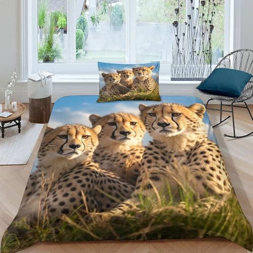 ZBOLI 3D Gedruckter Gepard Bettbezug Microfaser 3teilig Mit Kissenbezug Weiche Und Angenehme Mit Reißverschluss Wildlife Kinder Erwachsen Bettwäsche Single（135x200cm） von ZBOLI