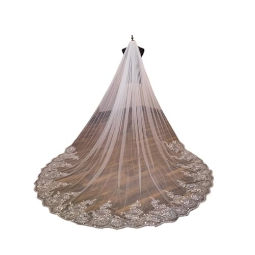 Braut Hochzeit Spitze Schleier, Brautschleier, Spitzenrand, Applikation, Pailletten mit Kamm, eine Schicht, weiß oder elfenbeinfarben, mehrere Größen(Light Ivory Offwhite,300cm) von ZBORAVPIX
