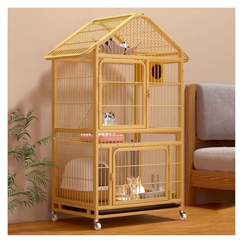 Katzengehege Käfig Box Kiste Zwinger, Zusammenklappbarer Katzenkäfig mit Universalrädern und Schlafunterlage, gelb, mehrere Größen for 1–3 Katzen(33.5x23.6x65in/85x60x165cm) von ZBORAVPIX