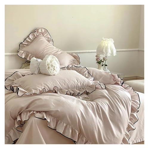 Lace Trim Bettwäsche Abdeckung, Bettbezug-Set aus Baumwoll-Rüschen-Jacquard mit schwarzem Rand, mehrfarbig, mehrere Größen, 4er-Pack(Bronze,FLAT BED SHEET-KING 220X240CM 4PCS) von ZBORAVPIX