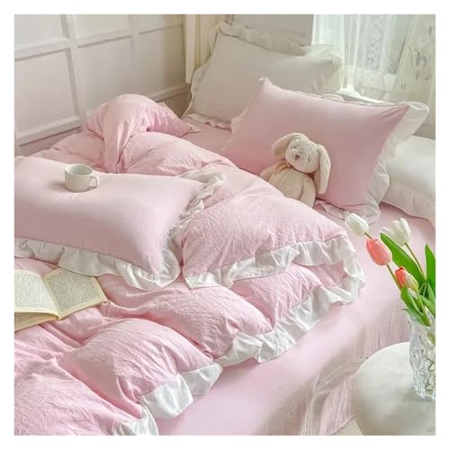 Lace Trim Bettwäsche Abdeckung, Bettbezug-Set mit Rüschen, Prinzessinnen-Stil, mehrfarbig, mehrere Größen, 4er-Pack, Baumwolle(Color-03,Queen 4pcs 200x230) von ZBORAVPIX