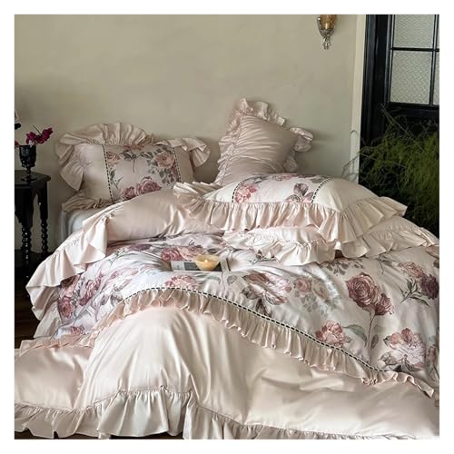 Lace Trim Bettwäsche Abdeckung, Bettwäsche-Set mit Rüschen aus ägyptischer Baumwolle mit Blumen und Rosen, 4 Stück, mehrere Größen(Fitted Sheet 1.5mBed) von ZBORAVPIX