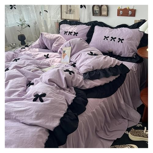 Lace Trim Bettwäsche Abdeckung, Bettwäscheset mit Rüschen und Schleife, 3–4-teilig, mehrfarbig, verschiedene Größen(Purple,Queen 200X230 4pcs) von ZBORAVPIX