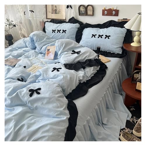 Lace Trim Bettwäsche Abdeckung, Bettwäscheset mit Rüschen und Schleife, 3–4-teilig, mehrfarbig, verschiedene Größen(Sky Blue,Single 150x200 4pcs) von ZBORAVPIX