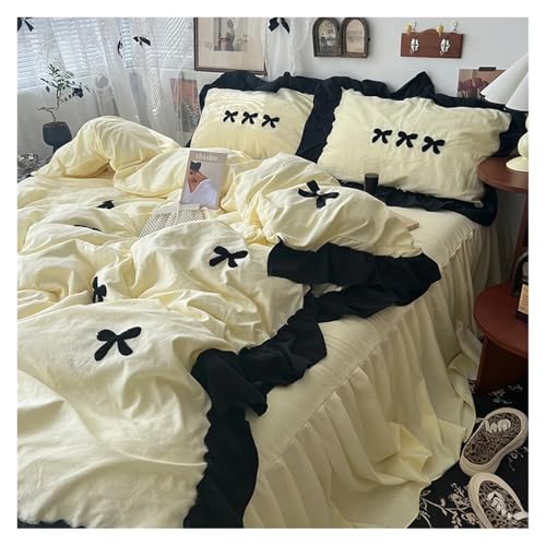 Lace Trim Bettwäsche Abdeckung, Bettwäscheset mit Rüschen und Schleife, 3–4-teilig, mehrfarbig, verschiedene Größen(Yellow,1.8X2m Bedskirt 4pcs) von ZBORAVPIX
