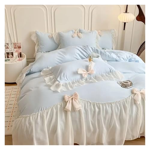 Lace Trim Bettwäsche Abdeckung, Bettwäscheset mit Rüschenspitze und Schleife, mehrfarbig, mehrere Größen(Blue,King220x240 4pcs) von ZBORAVPIX