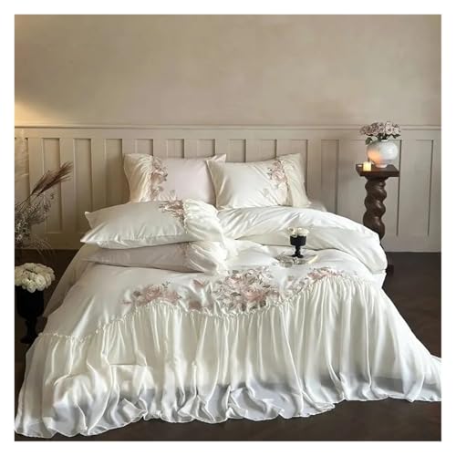 Lace Trim Bettwäsche Abdeckung, Bettwäscheset mit Rüschenstickerei und Baumwollspitze, 4er-Pack, in Silber und Bronze, mehrere Größen(Sliver,Fitted Sheet 1.6mBed) von ZBORAVPIX
