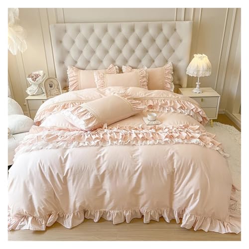 Lace Trim Bettwäsche Abdeckung, Rosa Baumwolle Schleife Prinzessin Spitze Rüschen Bettwäsche Set Pack von 4 Mehrere Größen(1,King size 4 pcs) von ZBORAVPIX