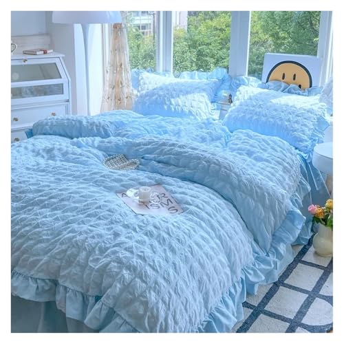 Lace Trim Bettwäsche Abdeckung, Rüschen-Bettbezug-Set, Bettlaken oder Bettrock, Kissenbezüge, mehrfarbig, mehrere Größen(Blue,Queen 200X230 4pcs) von ZBORAVPIX