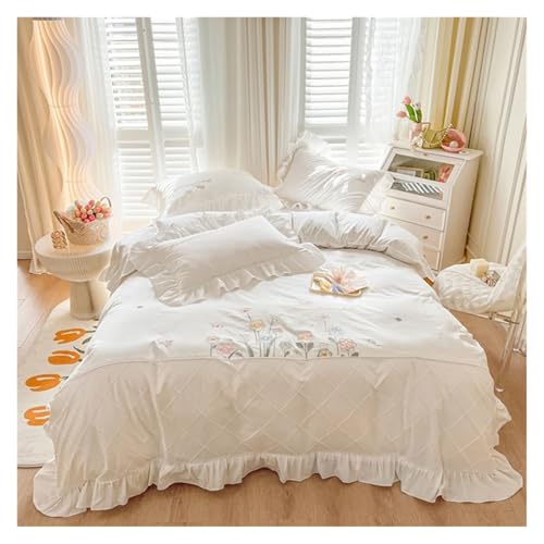Lace Trim Bettwäsche Abdeckung, Rüschenbesatz, Blumenstickerei, Baumwoll-Bettwäsche-Set, Bronze/Gold, 4er-Pack, mehrere Größen(1,FLAT BED SHEET-QUEEN SIZE 4PCS) von ZBORAVPIX