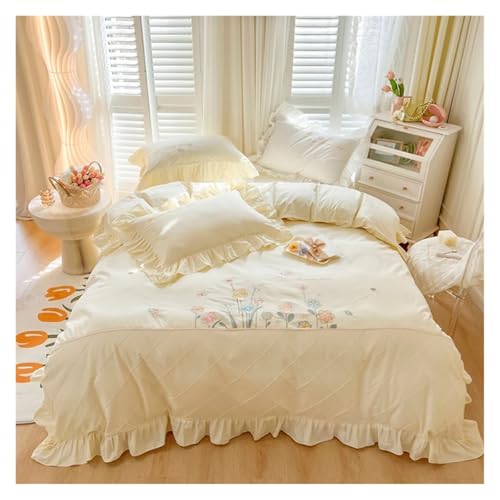 Lace Trim Bettwäsche Abdeckung, Rüschenbesatz, Blumenstickerei, Baumwoll-Bettwäsche-Set, Bronze/Gold, 4er-Pack, mehrere Größen(Gold,FLAT BED SHEET-QUEEN SIZE 4PCS) von ZBORAVPIX