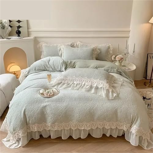 Lace Trim Bettwäsche Abdeckung, Samt-Spitzen-Bettbezug-Set mit Rüschen, 4er-Pack, mehrfarbig, mehrere Größen(Blue,Queen 200x230cm 4pcs) von ZBORAVPIX