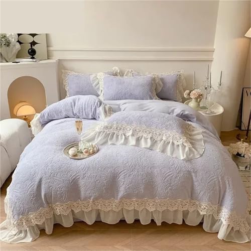 Lace Trim Bettwäsche Abdeckung, Samt-Spitzen-Bettbezug-Set mit Rüschen, 4er-Pack, mehrfarbig, mehrere Größen(Purple,King 220x240cm 4pcs) von ZBORAVPIX