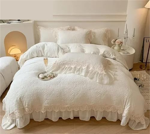 Lace Trim Bettwäsche Abdeckung, Samt-Spitzen-Bettbezug-Set mit Rüschen, 4er-Pack, mehrfarbig, mehrere Größen(White,King 220x240cm 4pcs) von ZBORAVPIX
