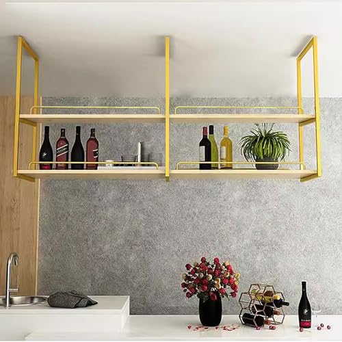 Schwebende Decke Weinglasregal Regal， 2-stöckige schwebende Regale, Massivholz, Deckenmontage, Gold, mehrere Größen(80x30x80cm) von ZBORAVPIX