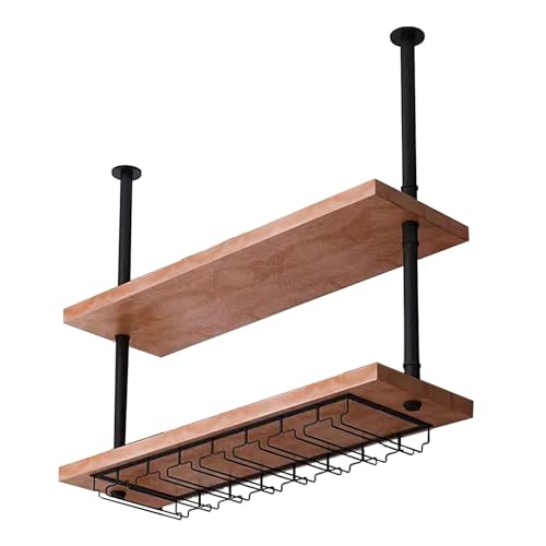 Schwebende Decke Weinglasregal Regal， Hängendes Deckenregal aus Metall und Holz mit 2-stufiger Holztrennwand in mehreren Größen(100x25x70cm) von ZBORAVPIX