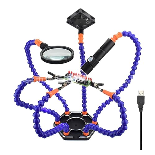ZBORAVPIX Dritte-Hand-Löthilfe， Lötstation aus dritter Hand mit 3-facher Lupe, Taschenlampe, USB-Ventilator, sechs Klauenklemmen(Sn6sb-usb-blue) von ZBORAVPIX