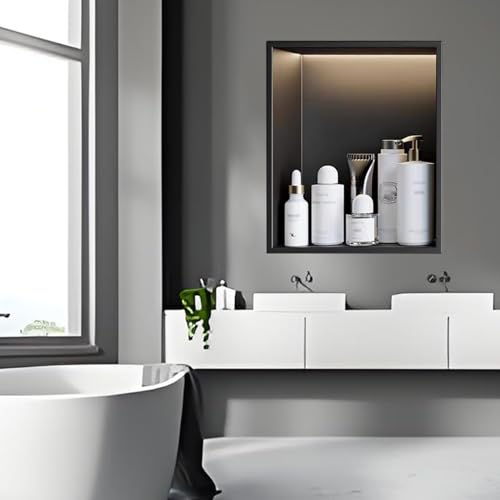 ZBORAVPIX Einbauregal Dusche Nische Alcove， Edelstahl Einbauleuchte Dusche Nische Einbau Fliesenfrei Badezimmer Wand Organizer Schwarz Mehrere Größen(32x32cm) von ZBORAVPIX