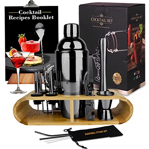 ZBPASL 16pcs Cocktail Shaker Set, Cocktail Set mit Cocktailshaker,Jigger, Einer Eiszange, Set Cocktail Mixen Mit Muddler, Flaschenöffner,Shaker Cocktail Set,Bar Werkzeug Set (Black) von ZBPASL