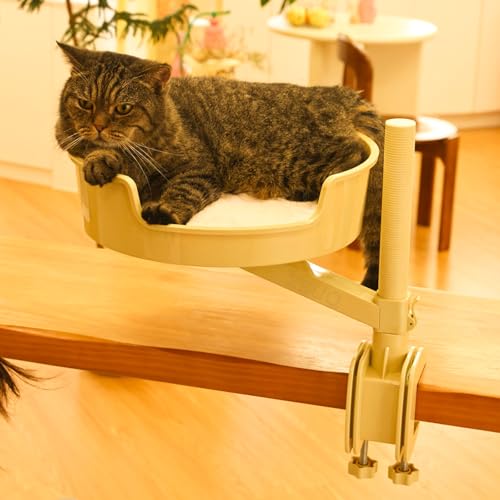 ZBUQ Katzenbett-Schreibtisch mit Haustiermatte, Katzen-Hängematte für Schreibtisch mit Schüssel, 360° Drehung und verstellbare Höhe, Creme ZBUQ Katzenbett-Schreibtisch mit Haustiermatte, Katzen-Hängematte für Schreibtisch mit Schüssel, 360° Drehung und verstellbare Höhe, Creme von ZBUQ