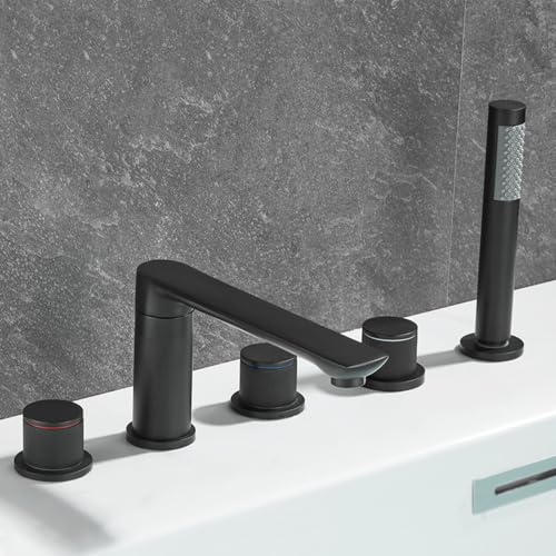Dusche 5 Lochbad Tippset Set Badewanne Heiße und kalte G1/2 -Verbindung 360 ° Rotation Messing 3 Griff Ausziehen Duschmischer -Wasserhahn für Bad Silber Niederschlag Duschkopf und Schlauchset UI von ZCCZJS