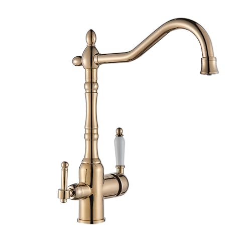 Filterküchenarmatur 360 ° Rotatble Heißer und Kaltmischer -Tap Wasserhahn Doppelgriff Deck montiert Küche Tap Schwarzer Becken Wasserhahn, Golden T3 von ZCCZJS