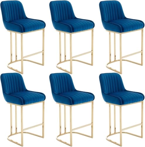 ZCEDZYSW Barhocker, gepolsterter Sitz mit Rückenlehne, stabiler Rahmen für Kücheninsel/Café (blauer Samt, 6 Stück) von ZCEDZYSW