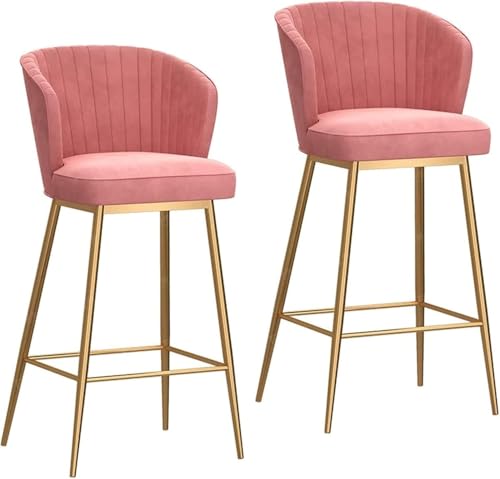 ZCEDZYSW Barhocker aus Metall, 2er-Set, Samt-Sitz, gebogene Rückenlehne, Hochstuhl, moderne Küche, Esszimmer, Barhocker (Rosa, 75 cm) von ZCEDZYSW