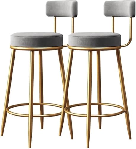 ZCEDZYSW Barhocker aus Samt, 2er-Set, Thekenhöhe mit Rückenlehne, runde rosa und goldene Metallbeine (grau, 75 cm) von ZCEDZYSW