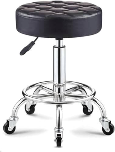 ZCEDZYSW Massagesalonhocker aus PU-Leder, mit Rollen und Fußstütze, höhenverstellbar, rund, Schwarz von ZCEDZYSW