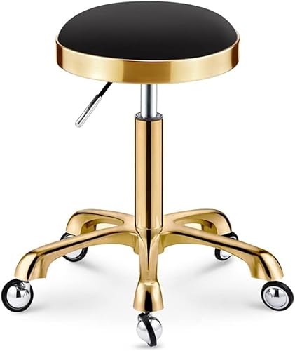 ZCEDZYSW Robuster, runder Rollhocker, verstellbare Höhe, 200 kg Kapazität, goldfarbene Anti-Haar-Räder, PU-Leder (schwarz) von ZCEDZYSW