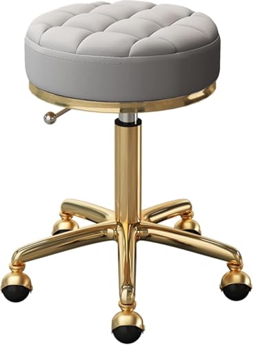ZCEDZYSW Runder Rollhocker – höhenverstellbarer Drehstuhl mit goldfarbenem Stahlfuß und Erdungsrädern für Schönheit (Hellgrau) von ZCEDZYSW