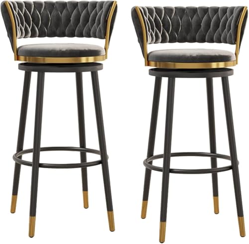 ZCEDZYSW Set mit 2 luxuriösen Barhockern aus Samt, Thekenhöhe mit gebogener gewebter Rückenlehne und grauem, schwarzem Metallbein, 65 cm von ZCEDZYSW