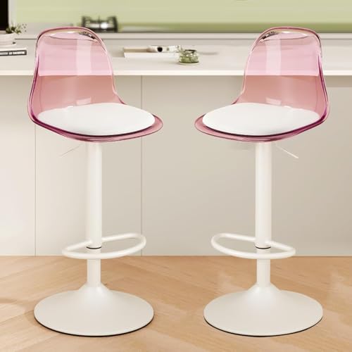 ZCEDZYSW Set mit 2 verstellbaren Barhockern aus Acryl mit Rückenlehne, modernes transparentes Design, Metallsockel, kleine Größe, PU (Rosa) von ZCEDZYSW