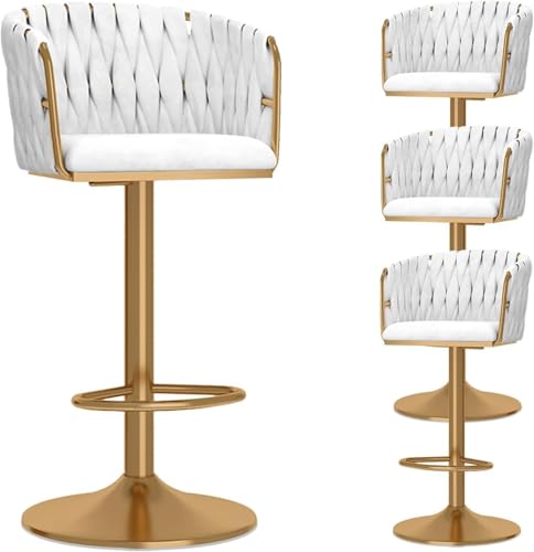 ZCEDZYSW Set mit 4 verstellbaren Barhockern aus Samt mit gewebter Rückenlehne, moderne Drehstühle für Küche, Esszimmer und (weiß, goldene Beine) von ZCEDZYSW