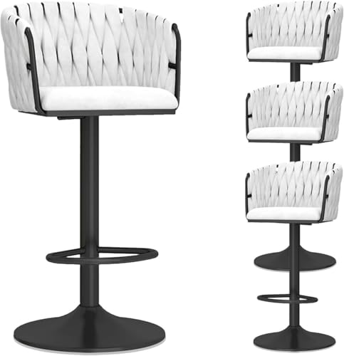 ZCEDZYSW Set mit 4 verstellbaren Barhockern aus Samt mit gewebter Rückenlehne, moderne Drehstühle für Küche, Esszimmer und (weiß, schwarze Beine) von ZCEDZYSW
