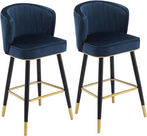 ZCEDZYSW Thekenhocker Samt Frühstück Küche Arbeitsplatte Barhocker 2er Set - Hochstühle mit Metallbeinen und Fußstütze für Kitchen Island (dunkelblau, Höhe 65cm) von ZCEDZYSW