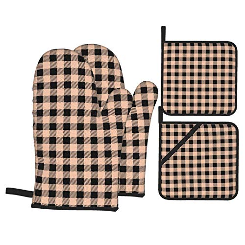 Buffalo Plaid Black und Apricot Ofenhandschuhe und Topflappen 4-teiliges Set, Küchenofenhandschuh Hochhitzebeständige Ofenhandschuhe und Topflappen von ZCHW