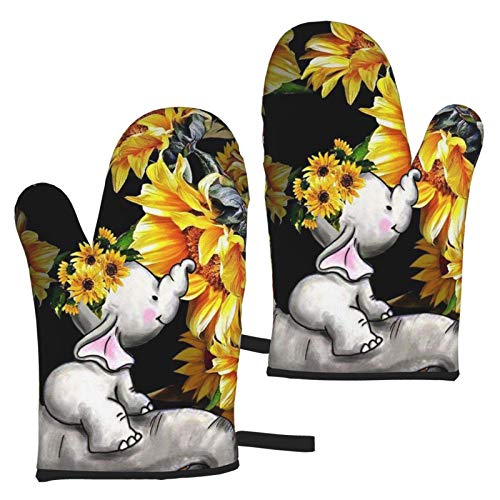 Ofenhandschuhe Mutter und Baby Elefant Sonnenblumen Ofenhandschuhe, hitzebeständige Kochhandschuhe Mikrowelle Backhandschuhe (1 Paar) von ZCHW