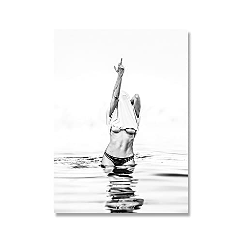 Modern Schwarz Weiß Poster Sexy Frau mit Mittelfinger Feministische Leinwand Malerei Wandkunst Nacktbild Wohnzimmer Dekor (Color : B, Size : A4 21x30cm No Frame) von ZCHX